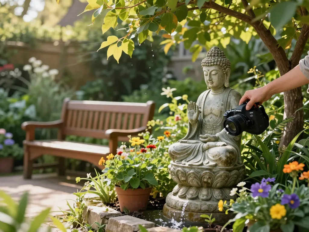 Schöne Buddha-Statue für den Garten, umgeben von üppigem Grün und Blumen.
