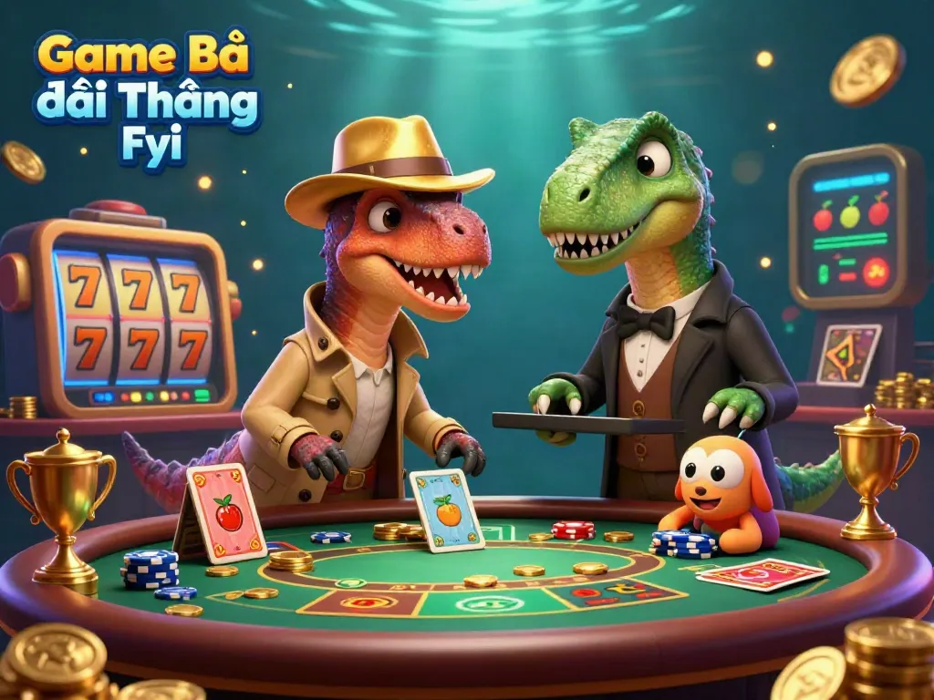 Engage with the thrilling world of Game Bài Đổi Thưởng Fyi, featuring a velociraptor at a blackjack table surrounded by dynamic casino elements.