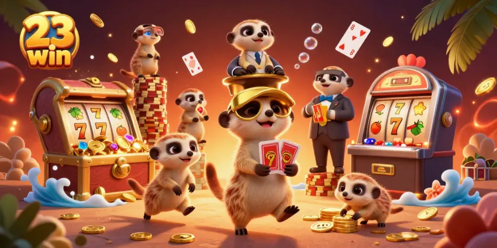 Experience the excitement of 23 win with animated meerkats managing a lively casino with fun gaming elements.