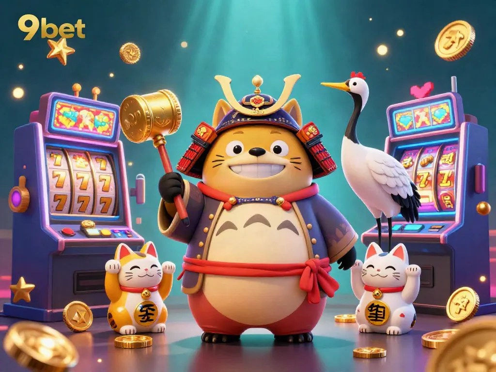 Experience thrilling moments at 9bet with vibrant characters and slot machines in a captivating 3D illustration.