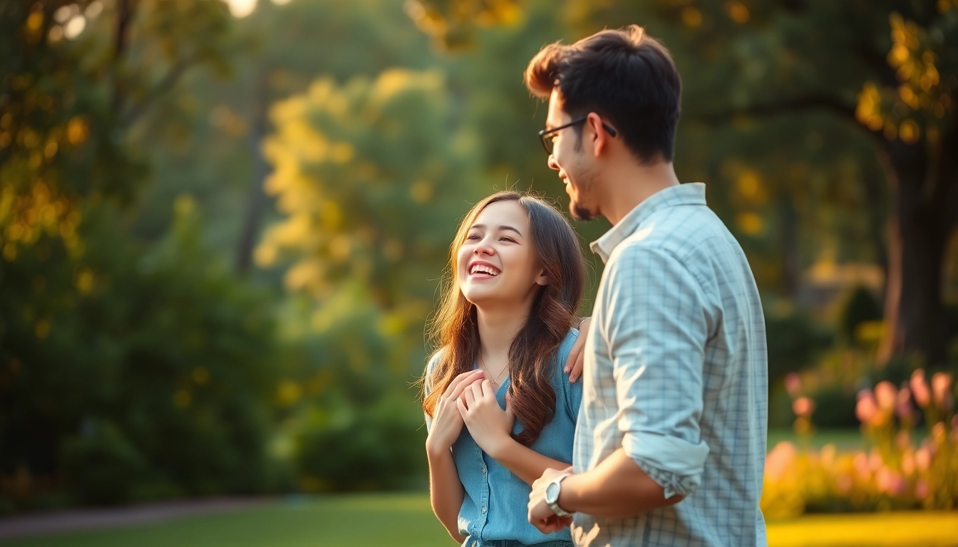 Dating fotograf für tinder bilder, capturing a joyful couple in a natural park setting.