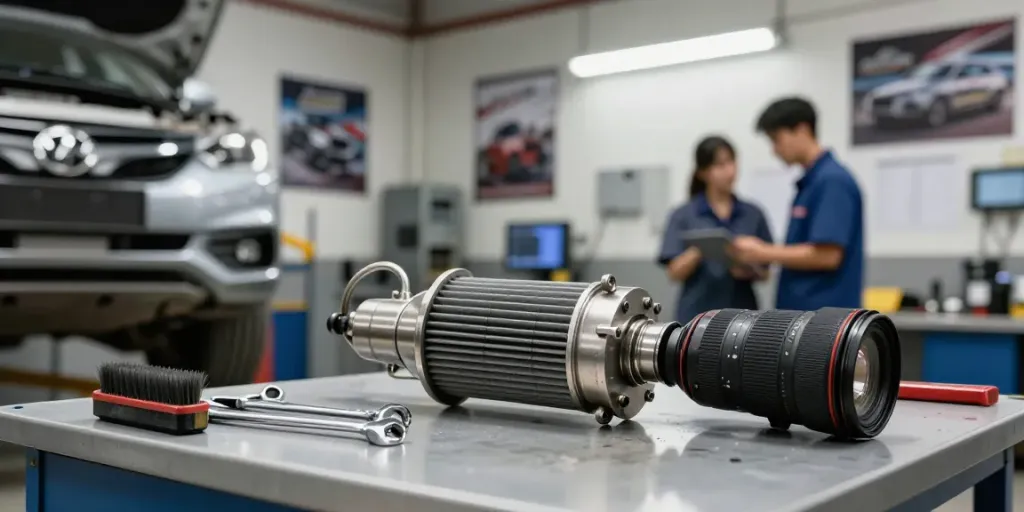 Mechaniker bei der DPF-Reinigung in einer hellen Werkstatt mit Werkzeugen.