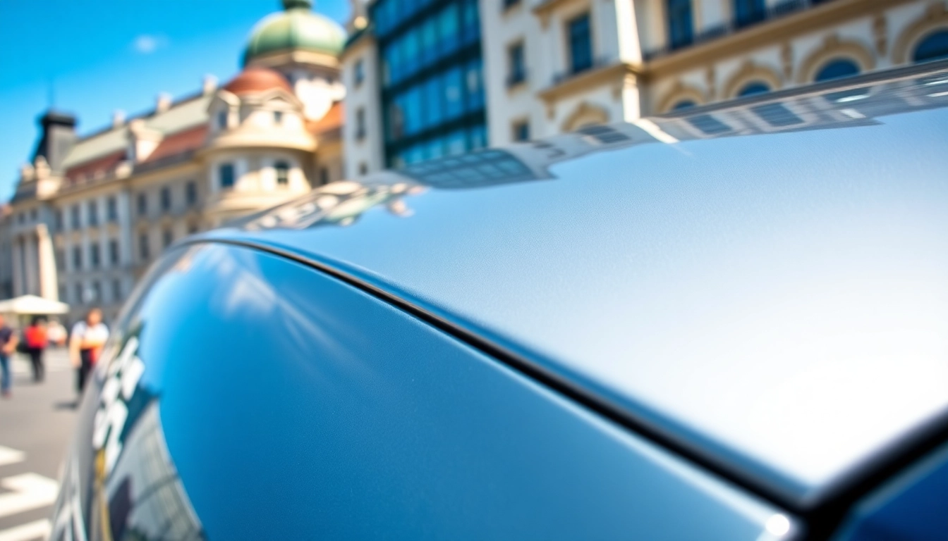 Montage von Lackschutzfolie München auf einem glänzenden Auto in der Münchener Stadtlandschaft