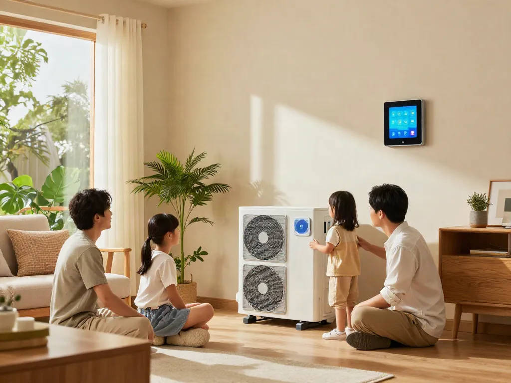 Wärmepumpe Kosten in einem modernen Wohnraum, Familie diskutiert über die Technik.