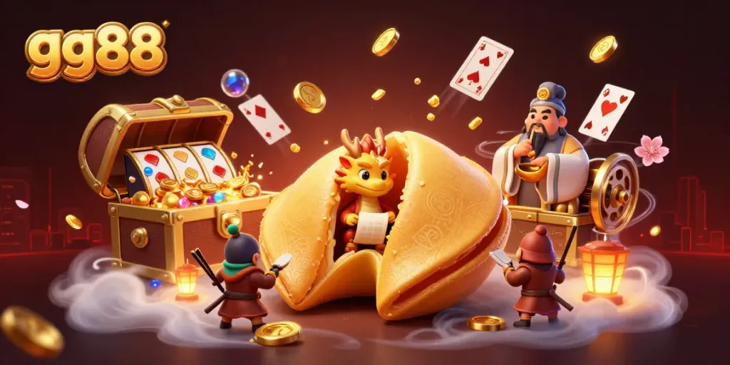 gg88 showcases a dynamic 3D scene featuring a giant golden fortune cookie with dragon and warriors amidst casino elements.