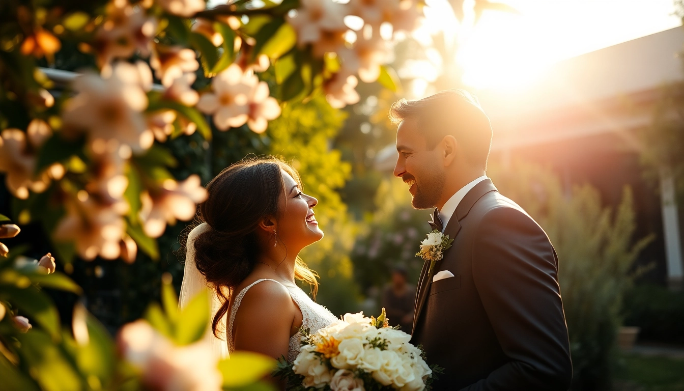 Hochzeitsfotograf Düsseldorf Yvonne Miss fängt das herzliche Lächeln eines Brautpaares im Garten ein.