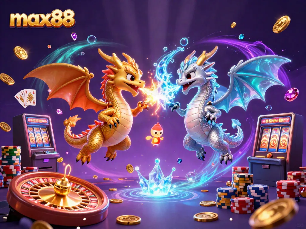 Experience exhilarating fun with max88, featuring dragon-inspired casino excitement amidst spinning roulette wheels.