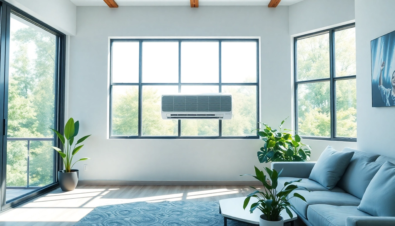 Klima installieren in einem modernen Wohnraum mit einem Split-Klimagerät an einem sonnigen Fenster.