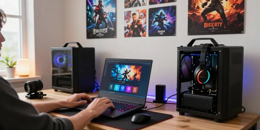 rokok88 login scene with gamer at a colorful digital workspace