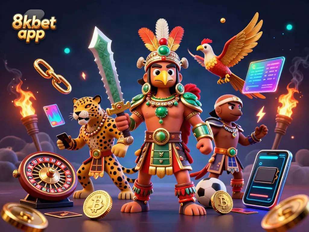 Interactive betting scene showcasing the 8xbet app with sports elements, coins, and Aztec warriors.