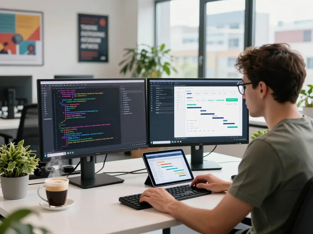 Webanwendung beauftragen in einem lebhaften Tech-Arbeitsbereich, der Codierung und Innovation zeigt.