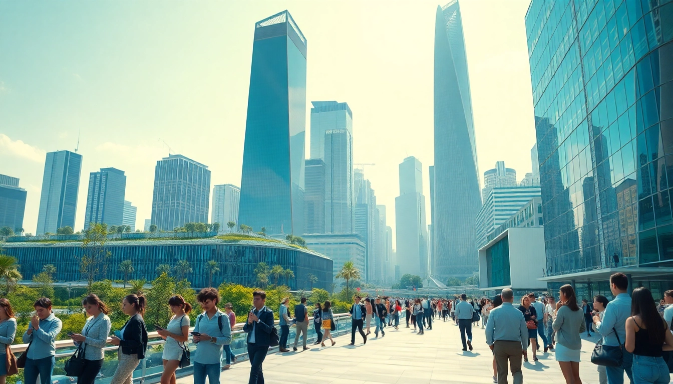 Digitale Zukunft: Futuristic city with advanced technology and diverse people engaging in digital interactions.