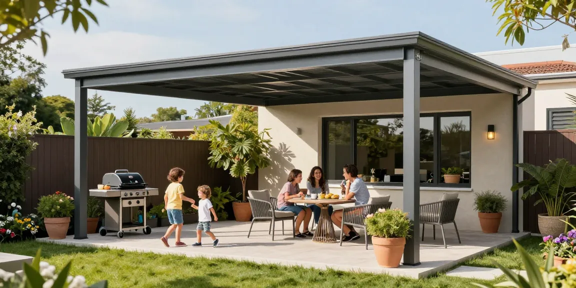 Terrassenüberdachung bietet Schutz und Stil für entspannte Familienmomente im Garten.