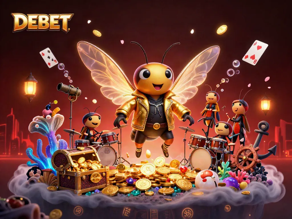 DEBET transforms the gaming experience with a striking 3D casino scene featuring vibrant characters and treasures.