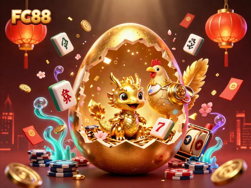 Experience the excitement of FC88 with a golden dragon and rich casino elements in stunning detail.