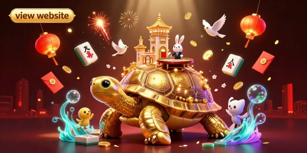 Engaging illustration of a giant golden tortoise casino, celebrating gameplay and highlighting the view website feature.