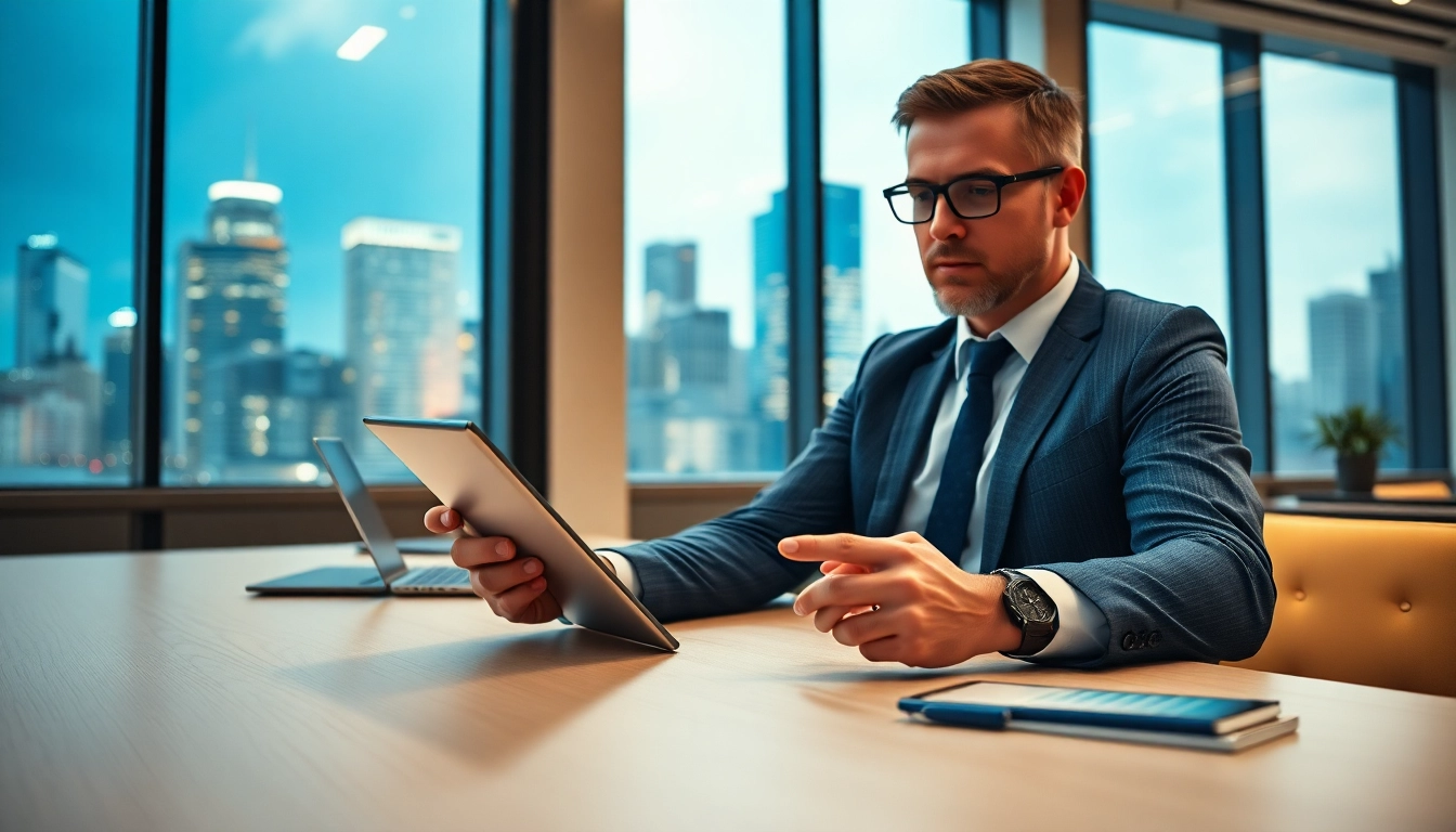 Kreditvergleich der besten Angebote durch einen Finanzanalysten mit Tablet und Bildschirm im Hintergrund.