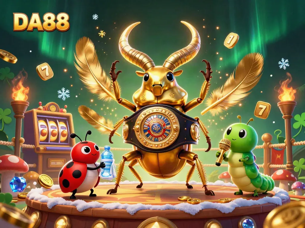 DA88-themed digital illustration featuring a giant beetle boxing champion in a vibrant casino arena.