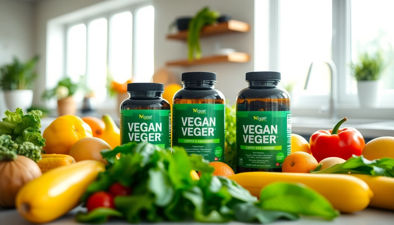 Vegane Nahrungsergänzungsmittel auf einem modernen Küchentisch mit frischem Gemüse.