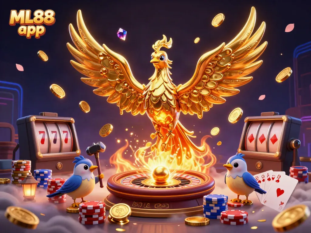 Experience fortune with the ML88 app, featuring a golden phoenix amid a dynamic casino scene.