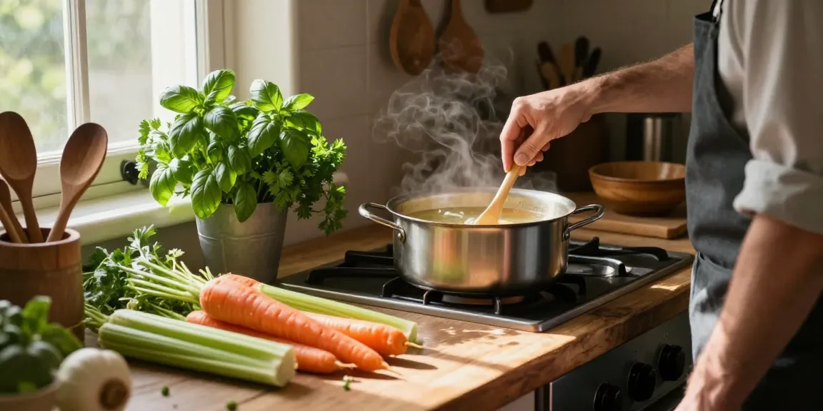 Chef, der frische Klare Suppe in einer warmen rustikalen Küche zubereitet.