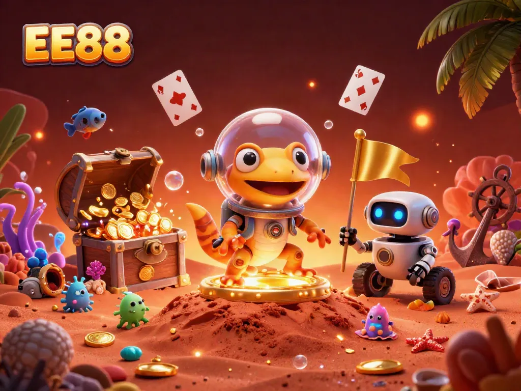 Engage with EE88's vibrant casino adventure featuring a retro Martian gecko and golden treasures.