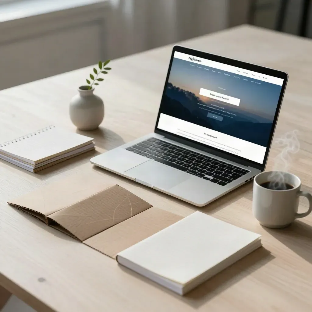 Website-Start mit Laptop, Papiermodulen, Notizen und dampfender Tasse am Morgen