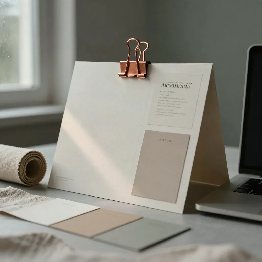 Markenwelt aus Papierboards, Musterkarten, Kupferklammer und Website-Mockup im Studio.