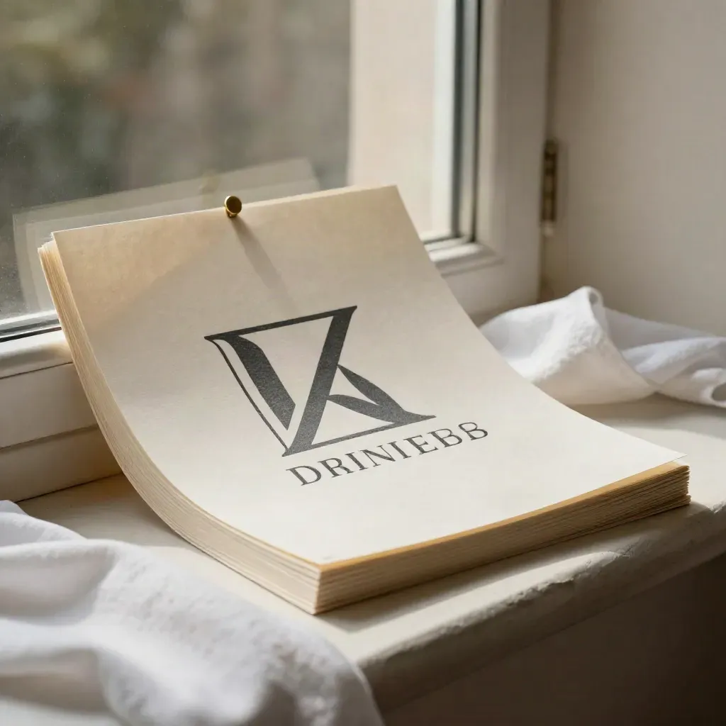 Papier-Logoentwürfe mit Messinggewicht, Folien und Tuch im Abendlicht am offenen Fenster.