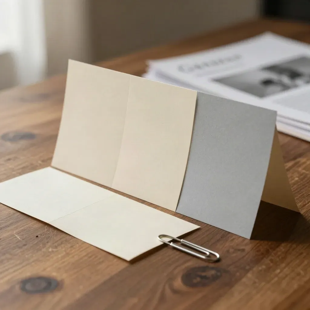 Papier-Mockup einer Landingpage auf Walnuss, schräg von unten fotografiert.