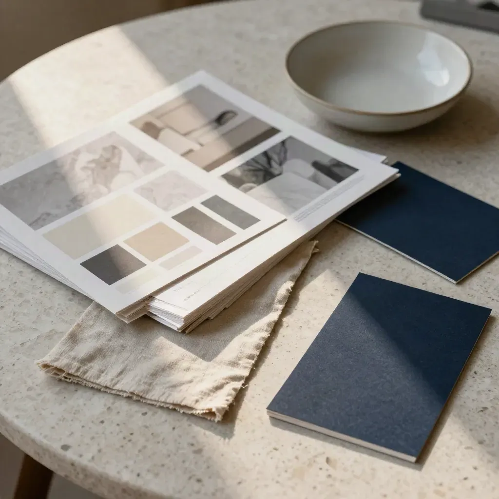 Overhead eines Material-Boards mit Farbchips, Leinenmustern und Referenzprints auf hellem Stein.