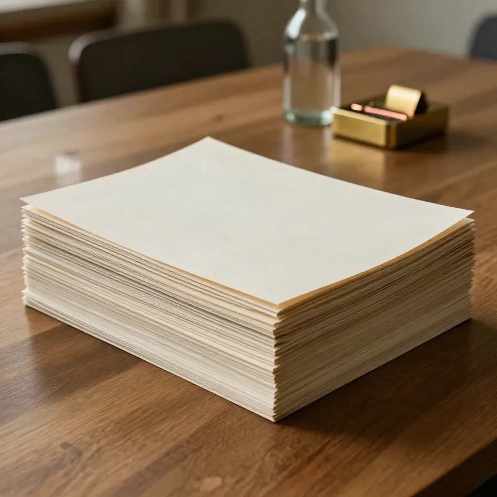 Pitch-Deck-Stapel mit Trennblättern, Messinggewicht und Glasflasche auf Konferenztisch.
