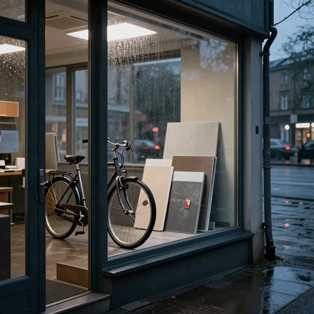 Atelierfenster in Berlin bei Dämmerung mit nasser Straße und Fahrrad