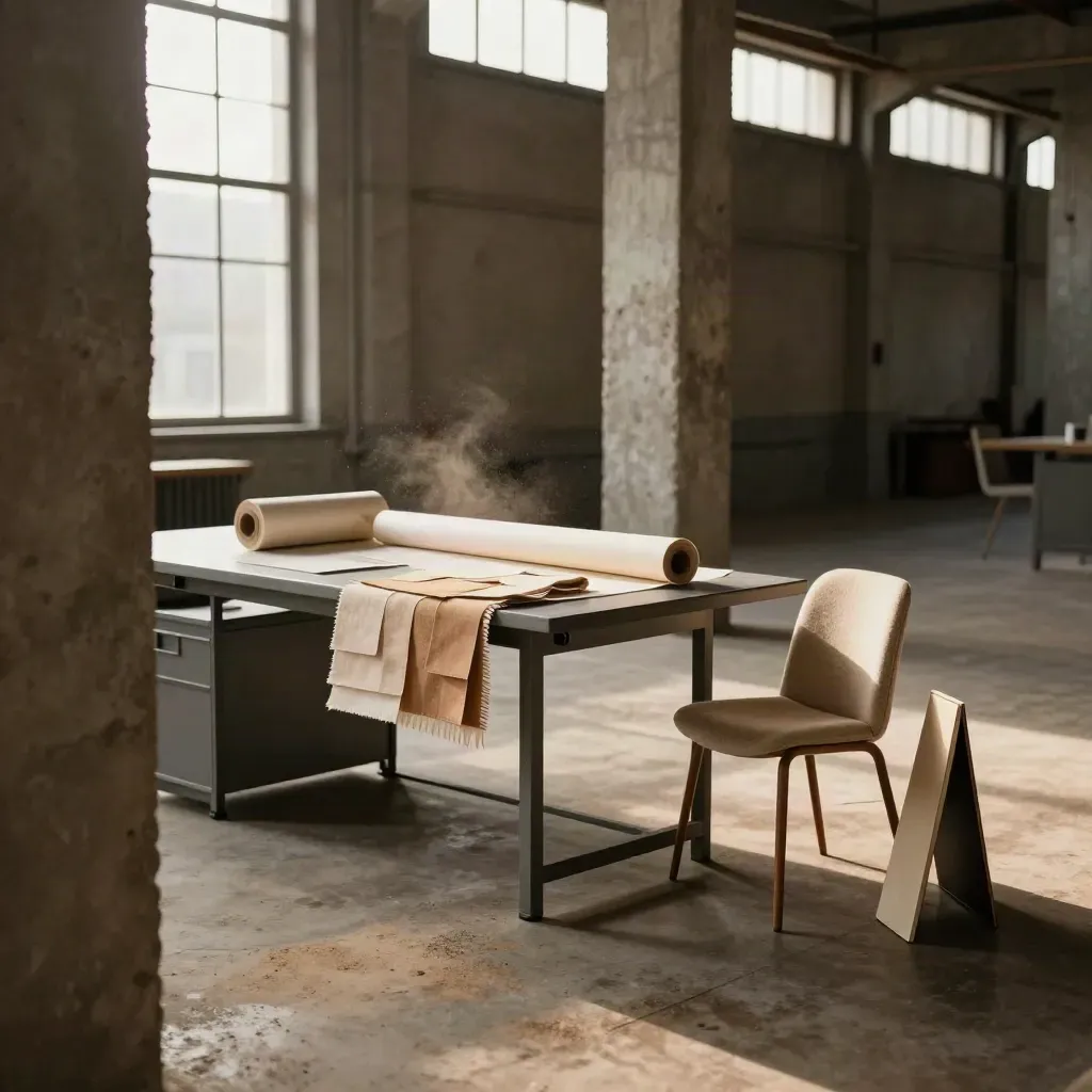 Warmes Loft mit Musterstoffen, Papierrolle und Stuhl im Industrieambiente.