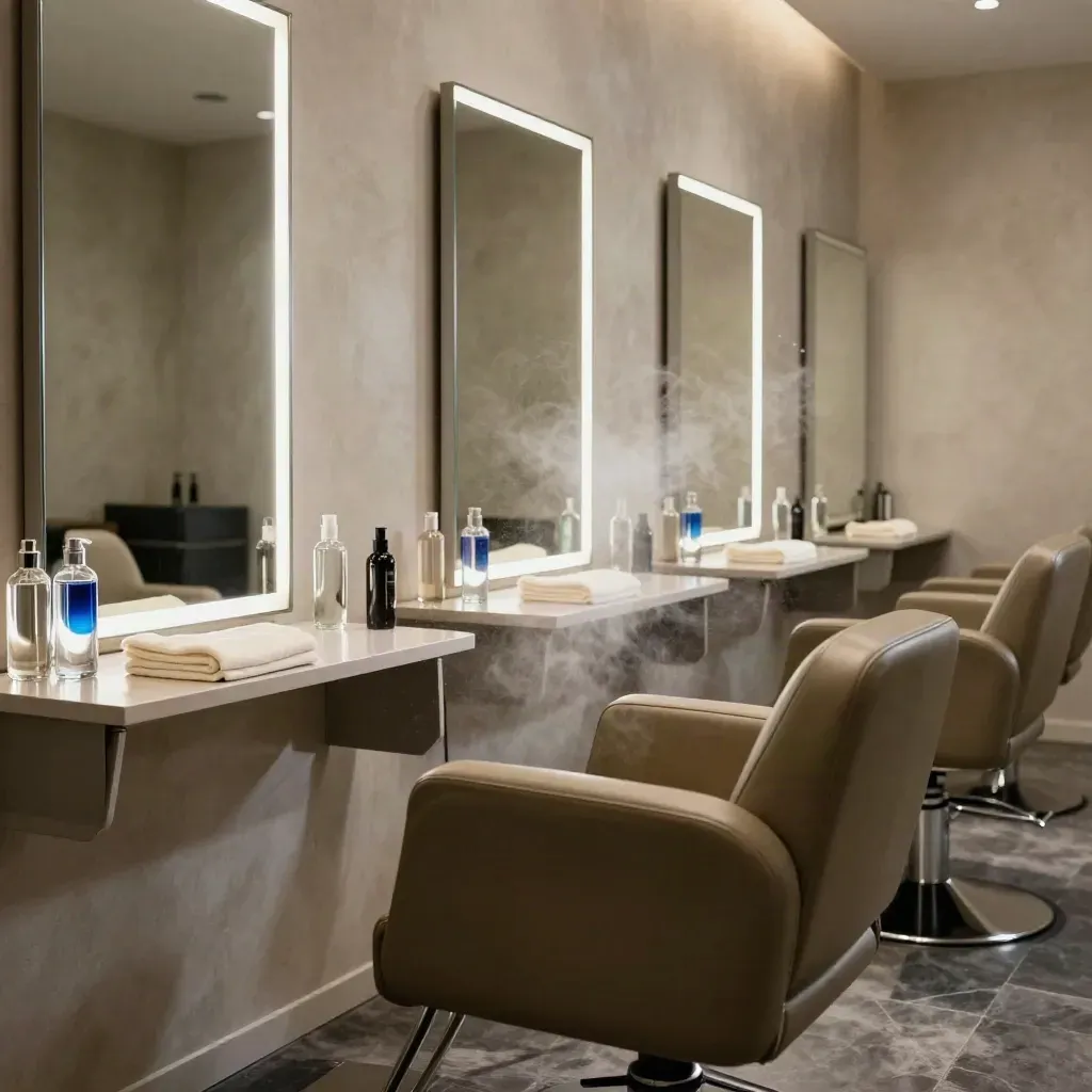 Tidy Friseursalon mit Spiegeln, Flaschen, Tüchern und feinem Haarspray im Licht.