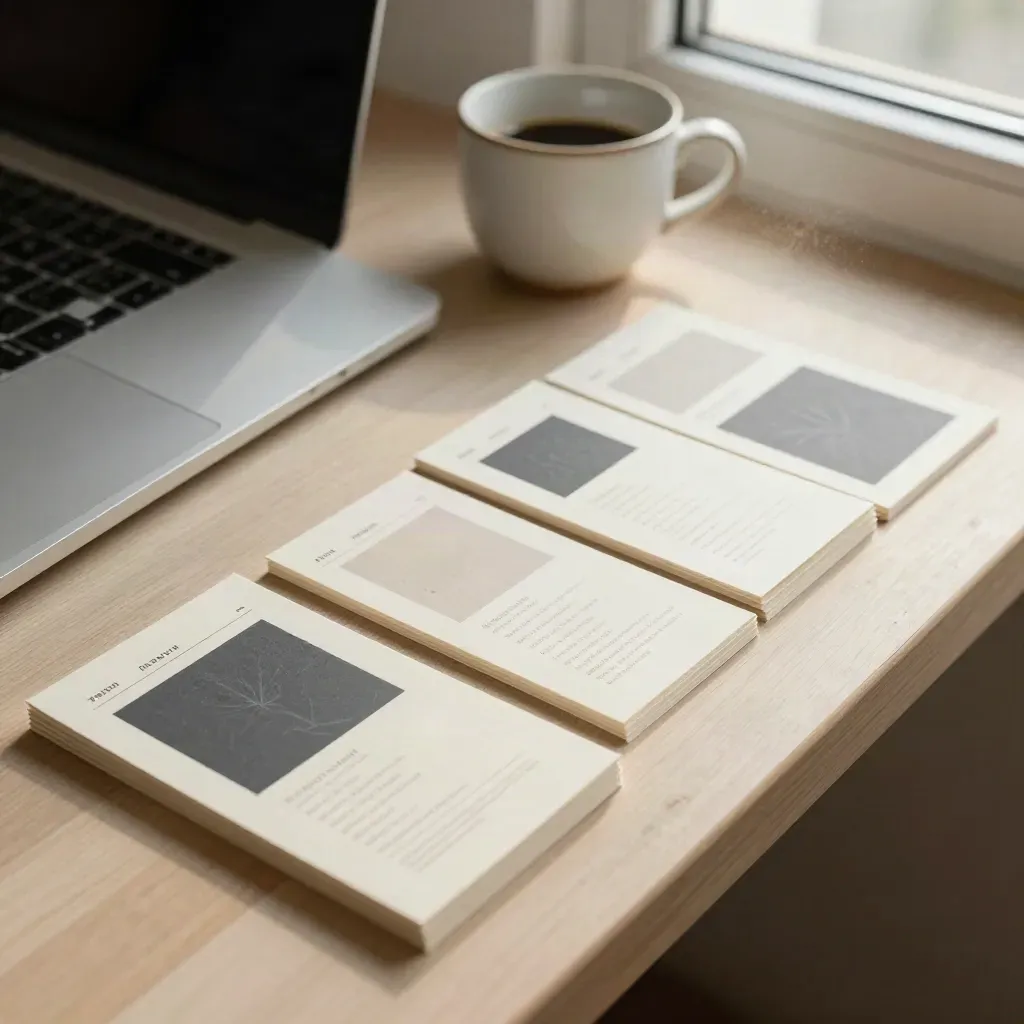 Makro von Website-Karten, Laptopkante, Kaffeebecher und Papierstapel am Fensterlicht