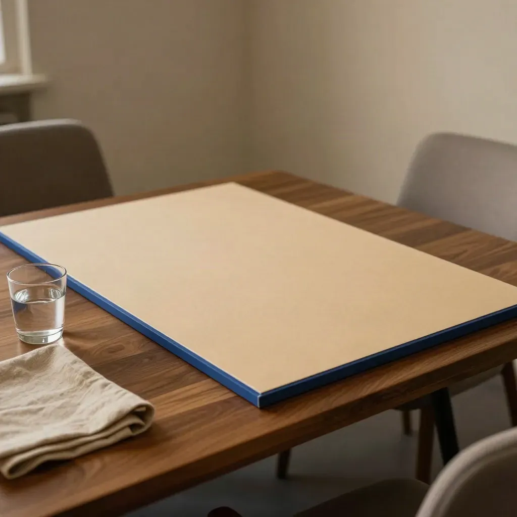 Leere Präsentationsboards, Leinentuch, Wasserglas und Stuhl im warmen Spätnachmittagslicht.
