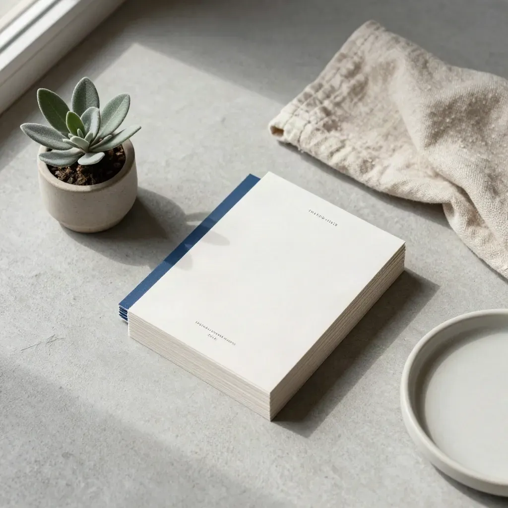 Markenstart-Flatlay mit Kartenstapel, Pflanze, Leinentuch und Keramikschale.