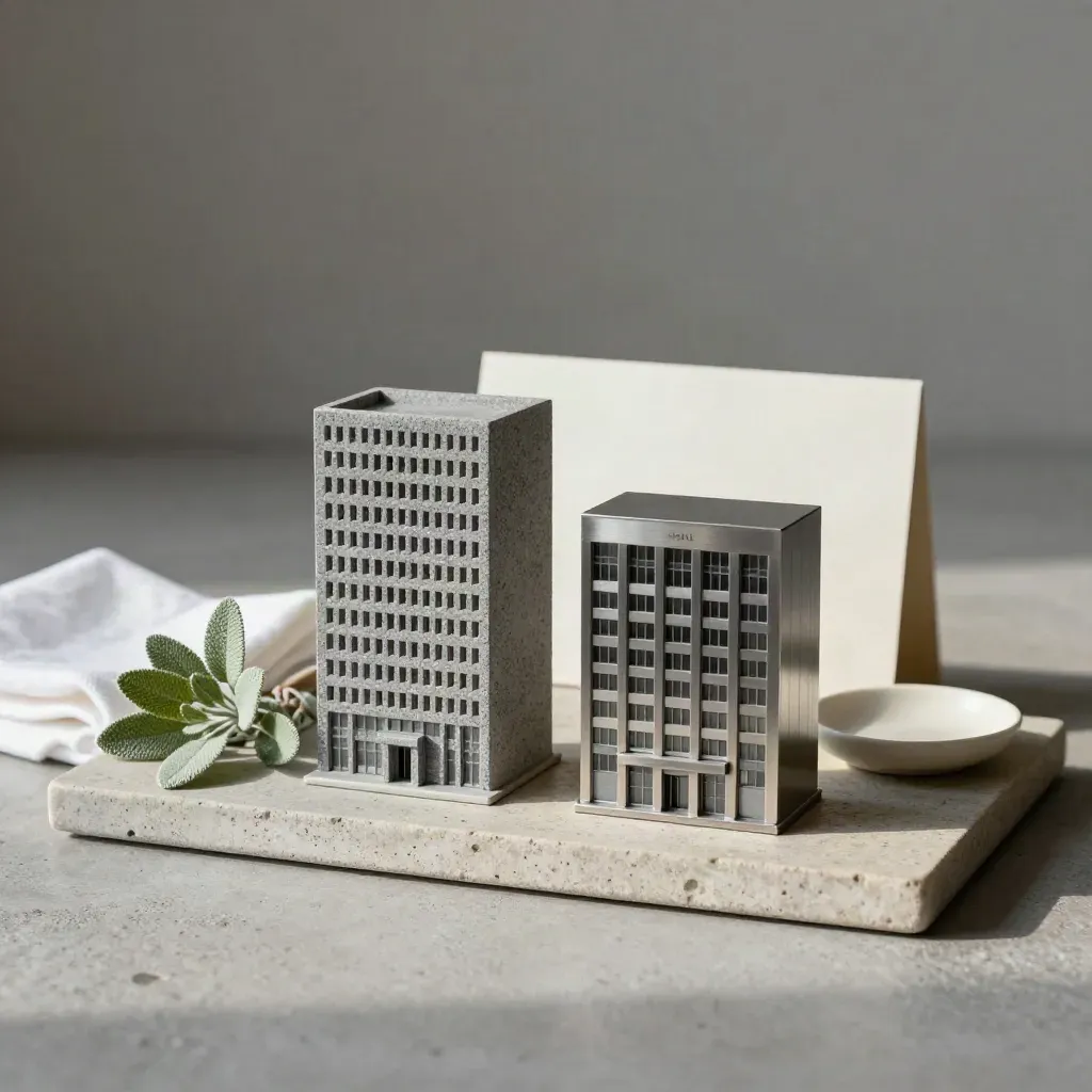 Zwei Fassadenmodelle für Berlin und Hamburg mit Pflanze, Stoff und Schale auf Steinschale.