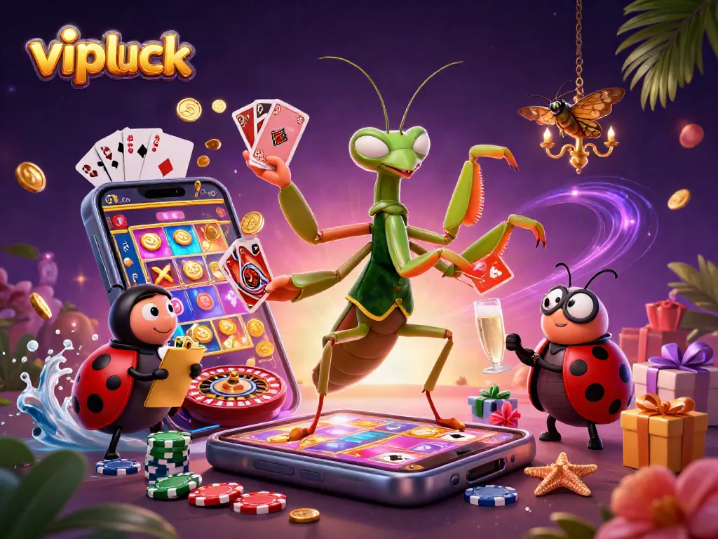 Join vipluck's animated characters indulging in thrilling gambling activities amidst vibrant casino elements.