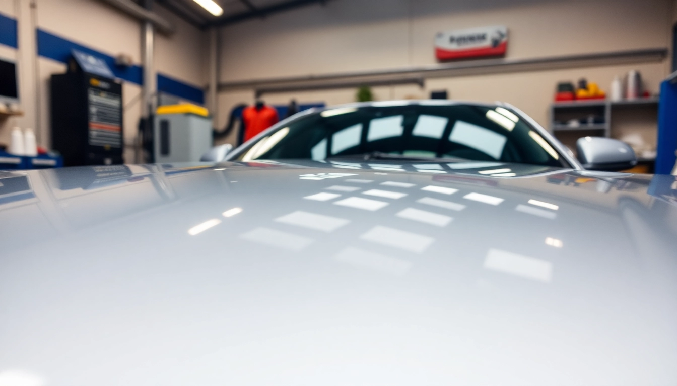Keramikversiegelung München: Hochglänzendes Fahrzeug mit Keramikversiegelung in modernem Workshop.