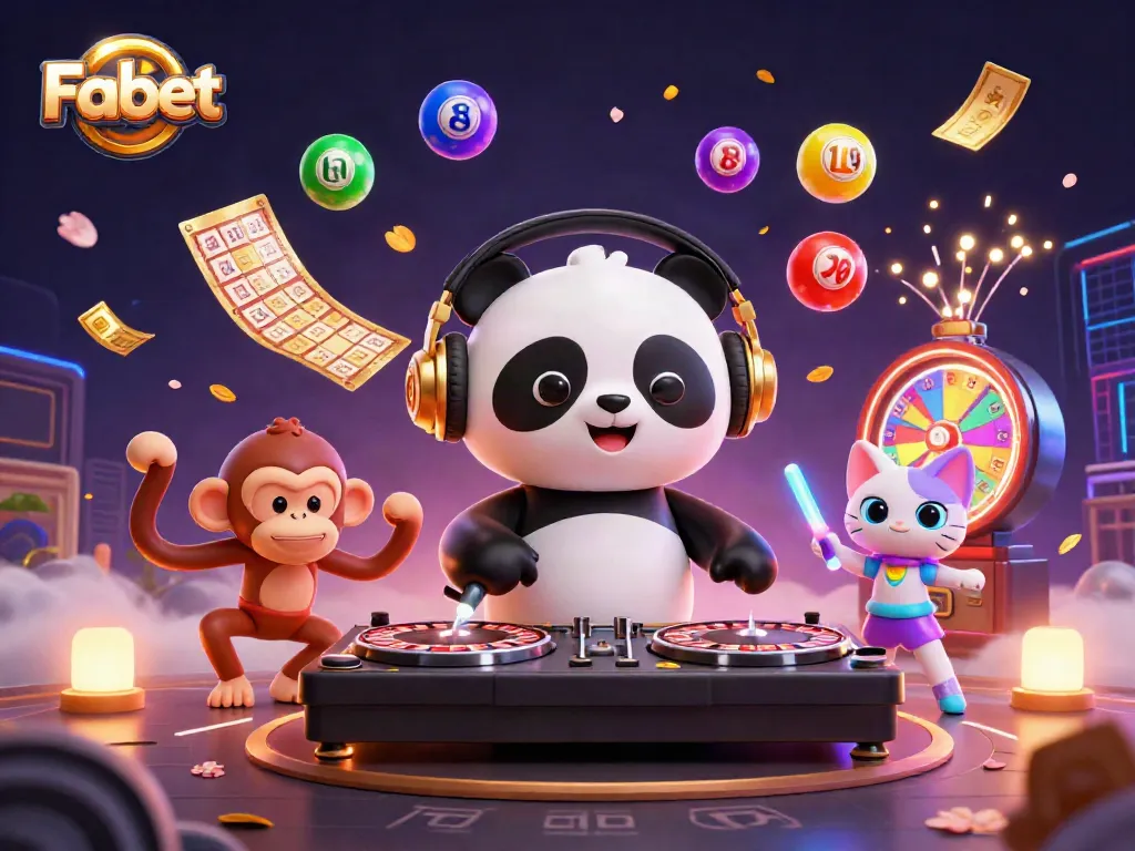 Fabet's vibrant gaming scene with a DJ panda and breakdancing monkey under colorful lottery balls.