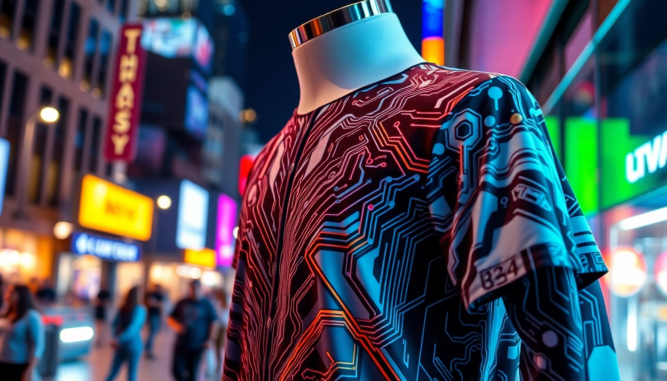 Präsentation von cyberware shirt designs mit futuristischem Design und leuchtenden Farben.