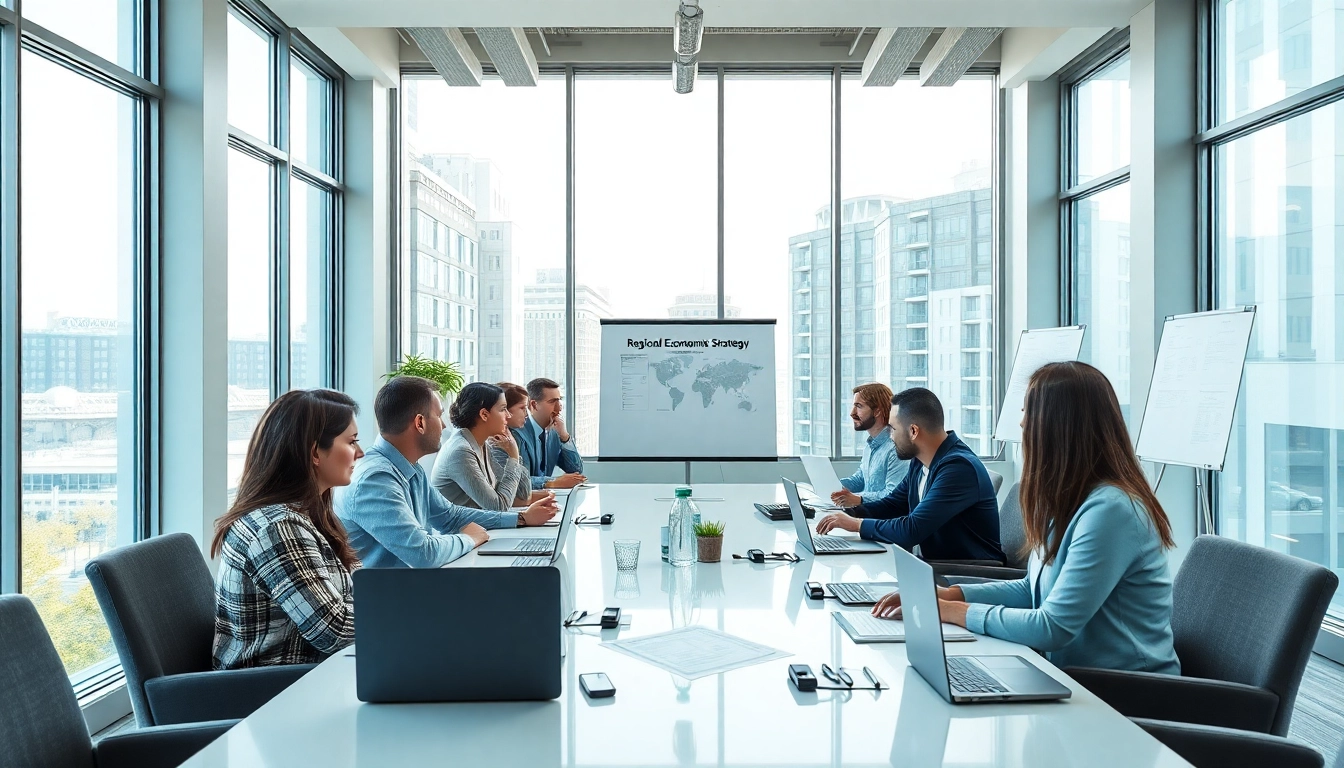 Wirtschaft Regional: Strategiegespräch in modernem Konferenzraum mit vielfältigem Team.