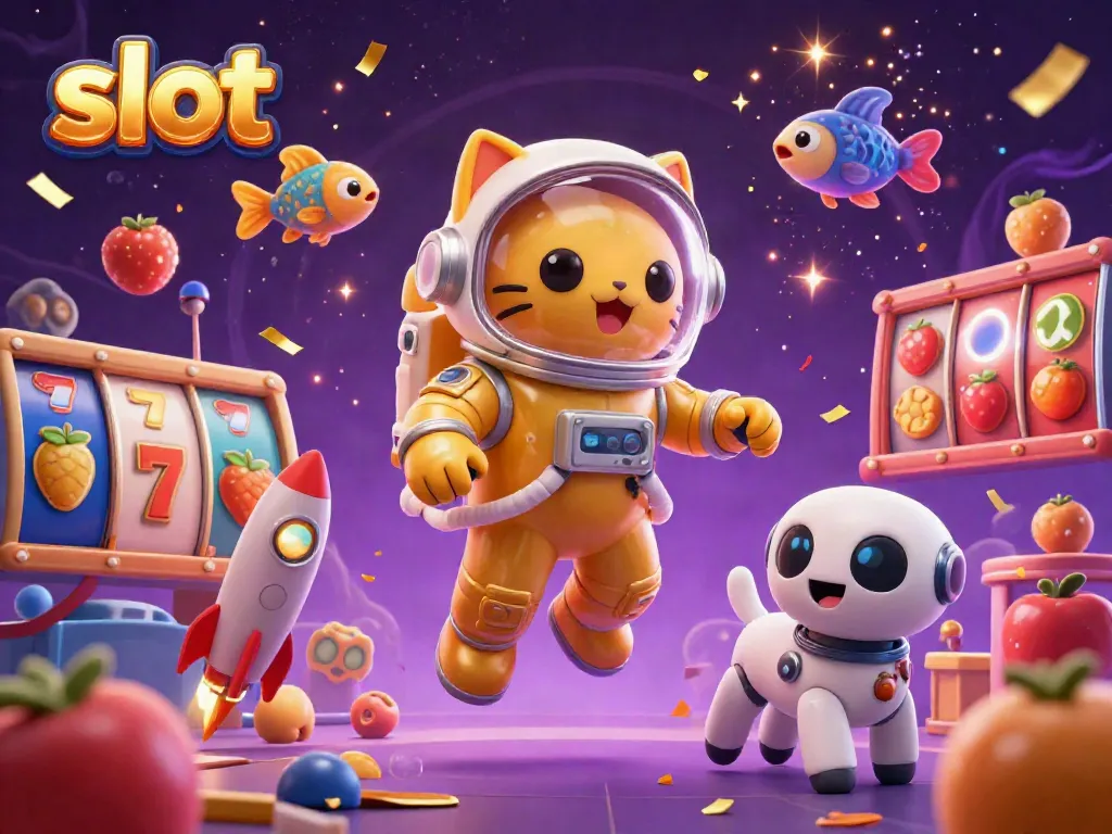 Experience thrilling slot action with a golden astronaut cat and robot dog amidst a colorful jackpot scene.