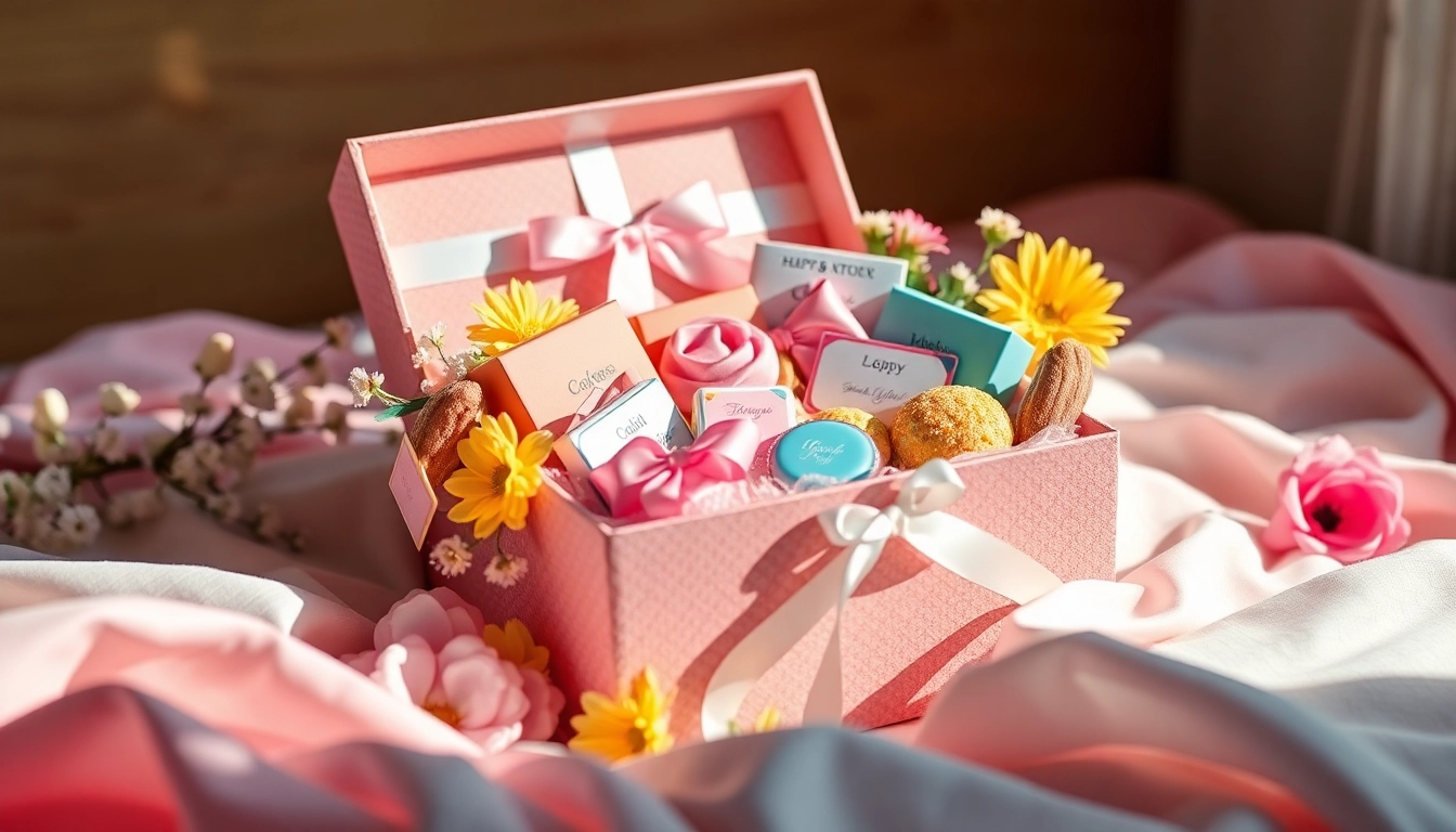 Kreative Geschenkbox mit bunten Leckereien und Blumenarrangement.