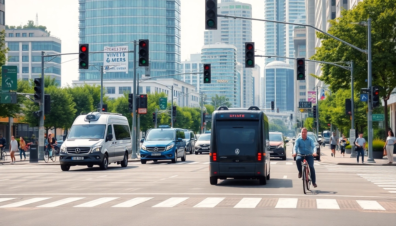 Verkehrstechnologie in urbaner Umgebung mit intelligenten Verkehrsanlagen und autonomen Fahrzeugen.