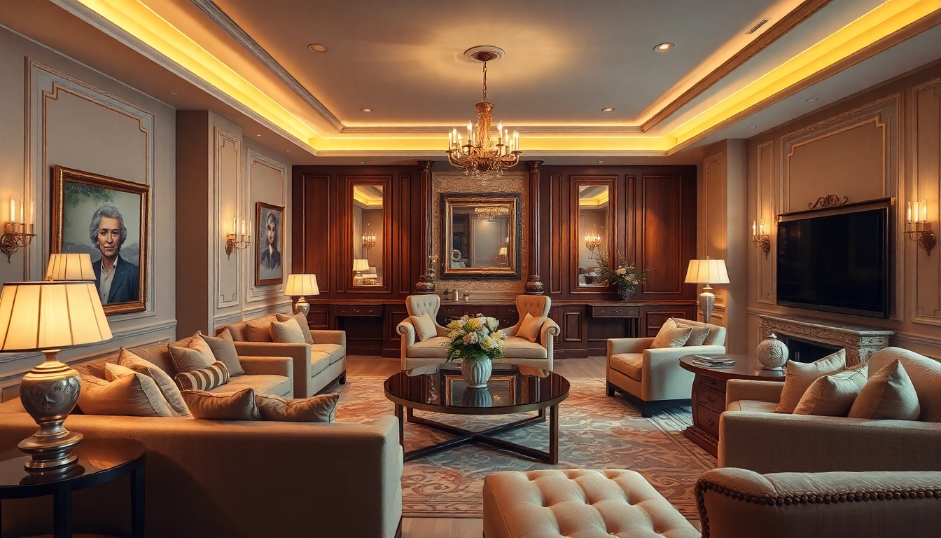 Luxury living room featuring elegant furnishings and warm lighting for a sophisticated ambiance.