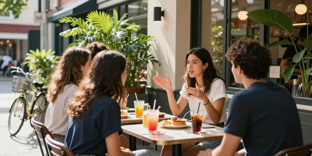 Group of friends enjoying drinks at a lively urban café named rokok 88.