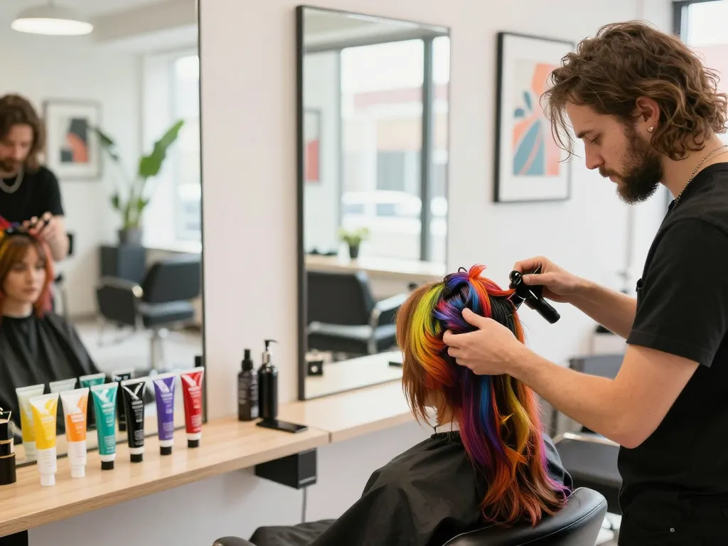 Haarfarbe Friseur-Szene mit einem Stylisten, der professionell Haare färbt und lebendige Farbtöne zeigt.
